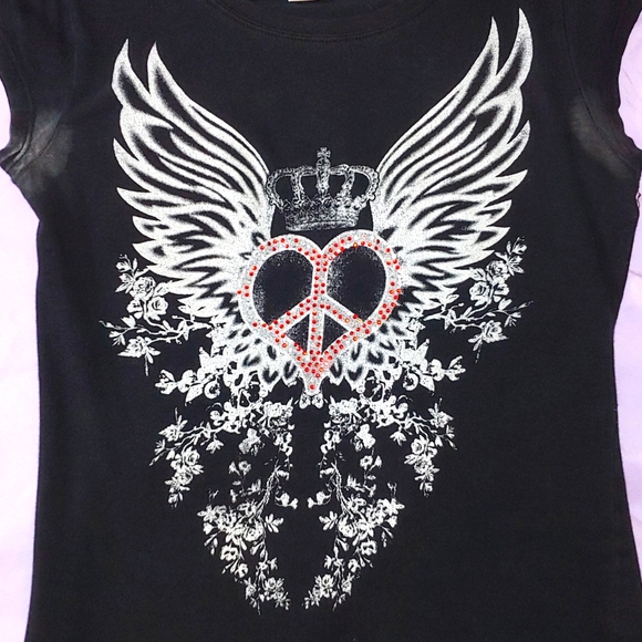 VINTAGE WINGS/HEART RHINESTONE BLACK SLEEVELESS SHIRT * SIZE M - Picture 2 of 6
